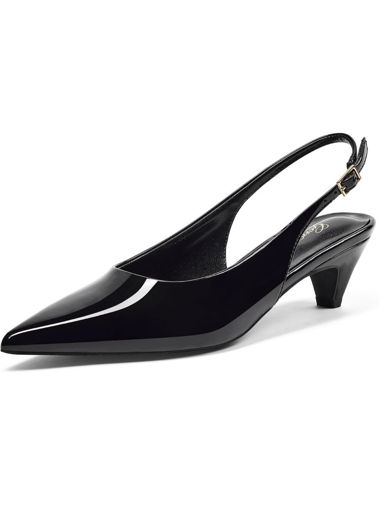 Womens All Black Slingback Pump Pointed Closed Toe Elegant Low Kitten Heel Shoes